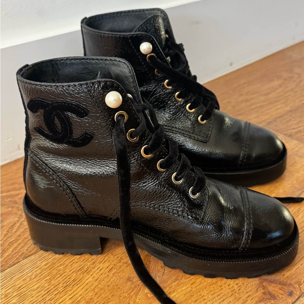 Chanel Black Lace-Up Boots